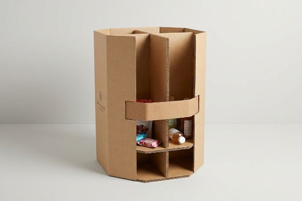 Natural brown corrugated cardboard hexagonal dump bin with internal H-dividers, a raised false bottom, and a visible brand logo, containing various snack items and a bottle.