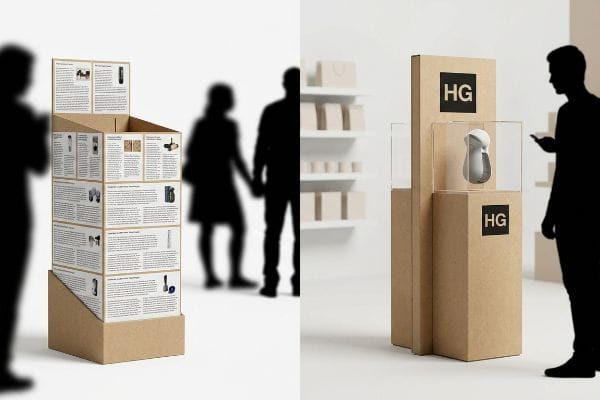 Kraft paper point-of-purchase display stands, featuring a multi-tiered brochure holder and an HG-branded product showcase with an acrylic case.