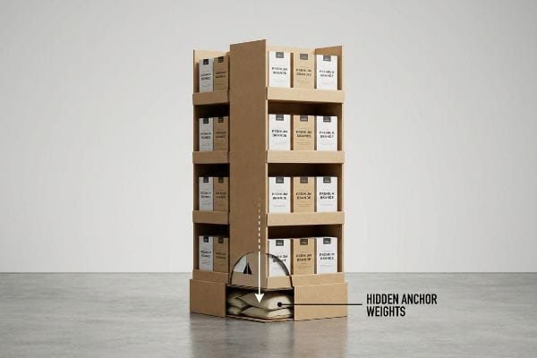 Light brown cardboard POP display with shelves of Premium Blends boxes, revealing hidden anchor weights (sandbags) in its base for stability.