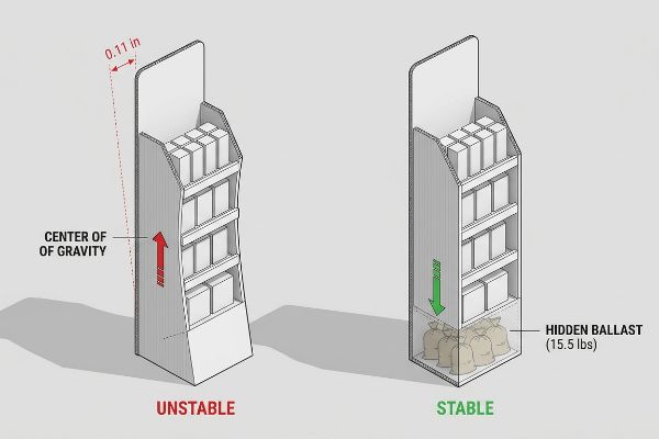 Unstable retail display, high Center of Gravity, 0.11-inch lean. Stable display with 15.5 lbs Hidden Ballast.
