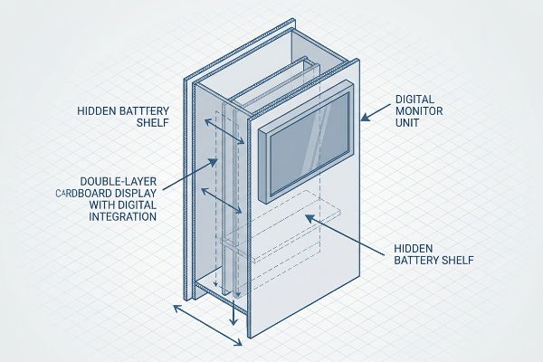 Isometric blueprint of a Double-Layer Cardboard Display with Digital Integration, featuring a Digital Monitor Unit and Hidden Battery Shelves.