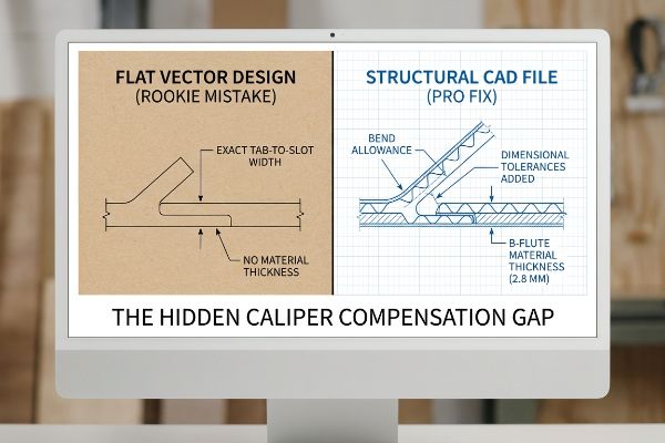 Monitor shows Flat Vector Design vs. Structural CAD File, detailing B-Flute Material Thickness (2.8 MM) and bend allowance.