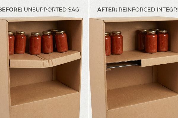 Corrugated cardboard display: 'Before: Unsupported Sag' vs. 'After: Reinforced Integrity' with hidden metal support.