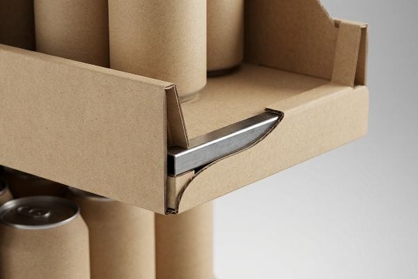 A close-up of a corrugated cardboard retail shelf with a hidden 0.5-inch steel support bar preventing static load deflection for canned goods.