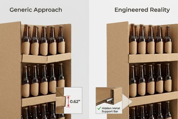 Brown corrugated display shelves with beer bottles, showing Generic Approach's 0.62-inch sag versus Engineered Reality's Hidden Metal Support Bar.