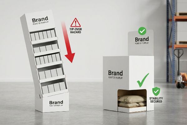 A leaning Brand Point Of Display showing Tip-Over Hazard contrasted with a stable unit secured by hidden sandbag weights.