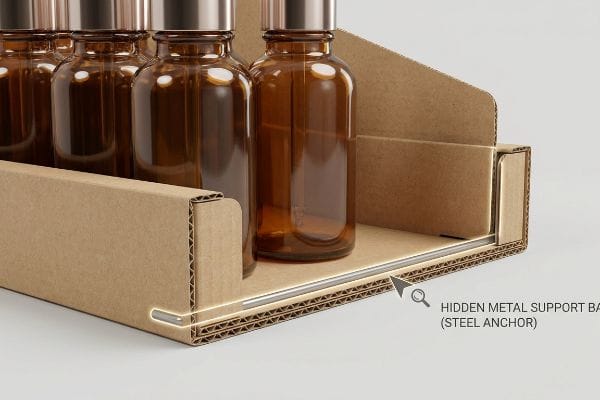 Close-up of a corrugated cardboard counter display tray with amber glass bottles, highlighting the hidden metal support bar (steel anchor) preventing sag.