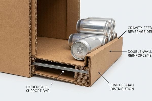 Corrugated gravity-feed beverage dispenser with double-wall reinforcement, a hidden steel support bar, and kinetic load distribution for aluminum cans.
