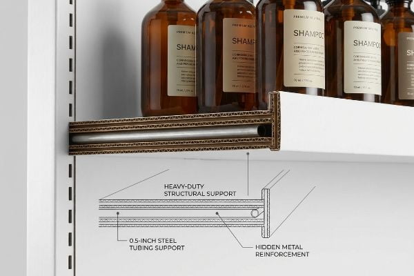 Corrugated shelf with Heavy-Duty Structural Support, featuring 0.5-Inch Steel Tubing and Hidden Metal Reinforcement.