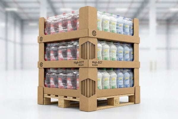 A sturdy corrugated pallet display holds three tiers of shrink-wrapped bottles, featuring High-ECT Board in a warehouse setting.