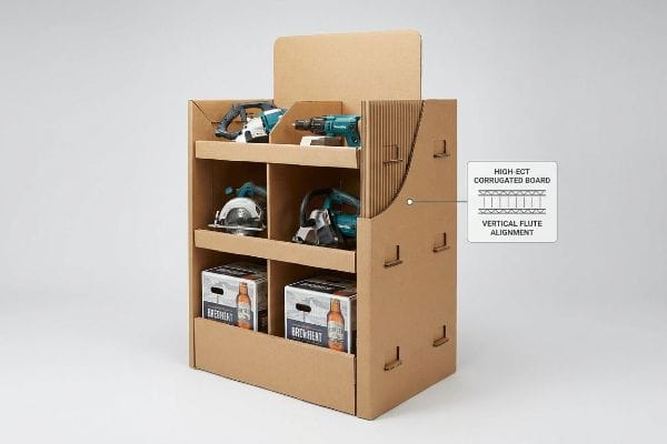 A multi-tier cardboard display stand showcases power tools and Brew Hlent beverages, highlighting High-ECT Corrugated Board with Vertical Flute Alignment.