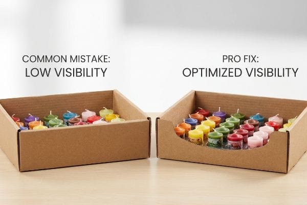 Brown corrugated box with a high retaining lip obscuring colorful votive candles, labeled Common Mistake: Low Visibility.
