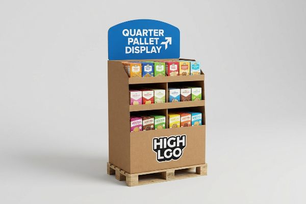 Brown corrugated cardboard quarter pallet display with a blue die-cut header reading 'Quarter Pallet Display', featuring colorful product boxes and a 'High Loo' logo on a wooden pallet.