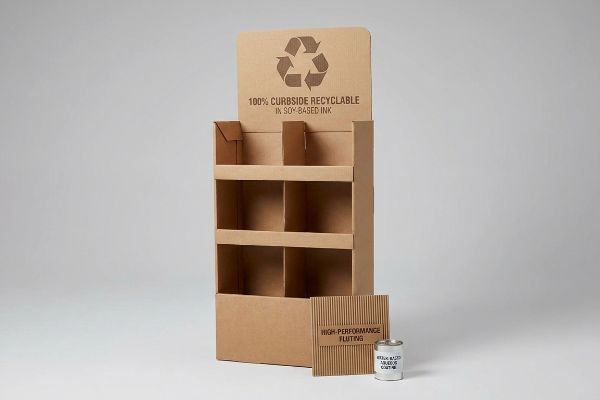 Corrugated free-standing display, 100% Curbside Recyclable, Soy-Based Ink, High-Performance Fluting, Aqueous Coating.