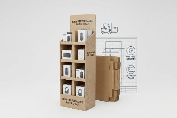 High-Performance Pop Display, brown cardboard, stocked with electronics, next to flat-packed units and blueprint showing Moisture-Resistant, Optimized Pallet features.