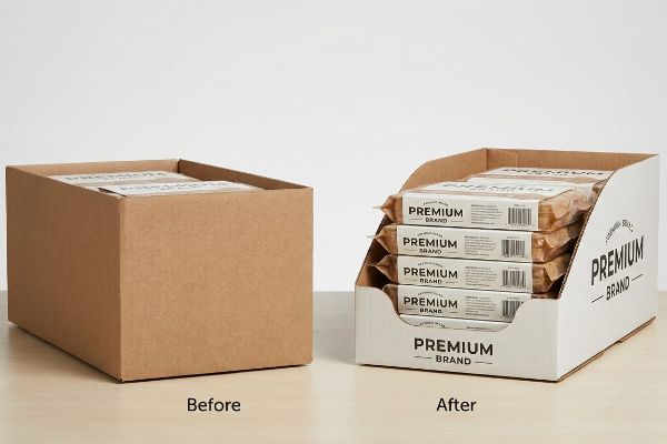 Boîte d'expédition en carton brun avec une paroi de retenue haute, masquant les produits à étiquettes blanches, illustrant une erreur courante d'emballage dans le commerce de détail.
