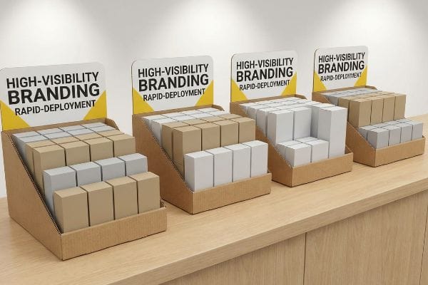 Four countertop PDQ displays feature 'High-Visibility Branding Rapid-Deployment' headers, filled with small brown, white, and gray boxes.
