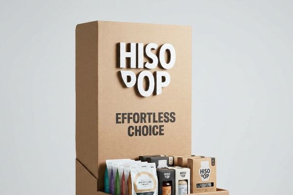Natural brown corrugated cardboard retail display featuring 3D die-cut 'Hiso Pop' branding and 'Effortless Choice' text, showcasing Hiso Pop products.