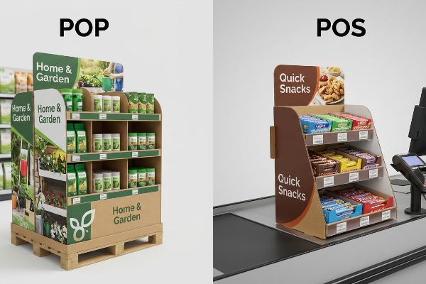 Cardboard Point-of-Purchase display, branded Home & Garden, showcasing green-packaged gardening supplies on a wooden pallet.