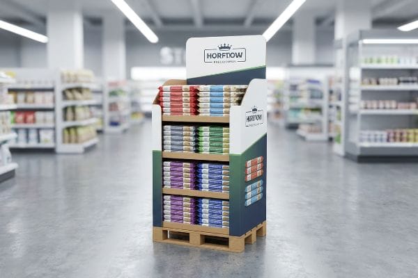 A white, green, and dark blue HORFLOW PRESSCOMPANY fractional pallet display, featuring various packaged FMCG products on four shelves in a supermarket aisle.