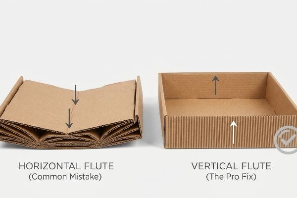 Corrugated cardboard structures illustrate the difference between Horizontal Flute (Common Mistake) and Vertical Flute (The Pro Fix) for compression strength.