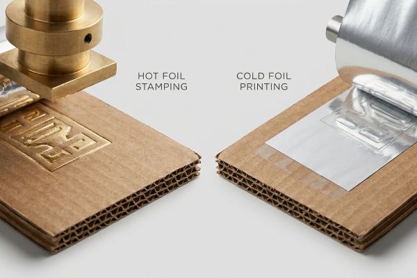 Corrugated cardboard samples illustrate Hot Foil Stamping with a debossed gold design and Cold Foil Printing with a flat silver foil application.