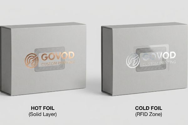 Light grey boxes showcasing Govod Custom Printing logos, comparing Hot Foil (Solid Layer) in copper and Cold Foil (Rfid Zone) in silver for packaging.