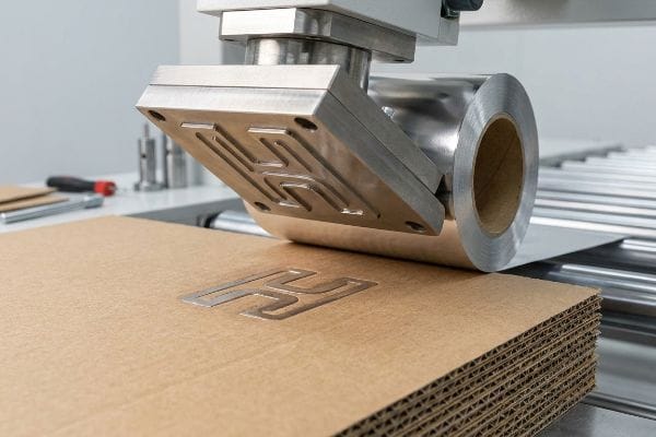 Metallic hot embossing die applies silver foil with an H-pattern onto corrugated paperboard.