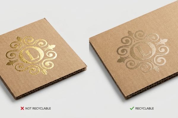 Corrugated cardboard pieces, one with shiny gold foil 'L' logo labeled Not Recyclable, the other with matte metallic ink 'L' logo labeled Recyclable.