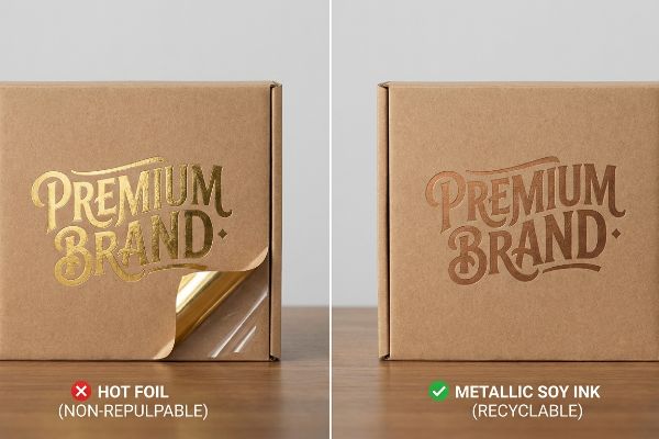 Brown cardboard boxes display Premium Brand logos, contrasting non-repulpable Hot Foil with recyclable Metallic Soy Ink.