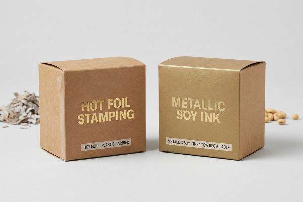 A brown kraft box featuring 'Hot Foil Stamping - Plastic Carrier' sits beside a gold box with 'Metallic Soy Ink - 100% Recyclable'.