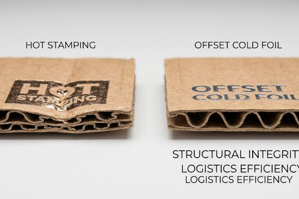 Corrugated samples comparing Hot Stamping's crushed flutes to Offset Cold Foil's structural integrity, highlighting logistics efficiency.