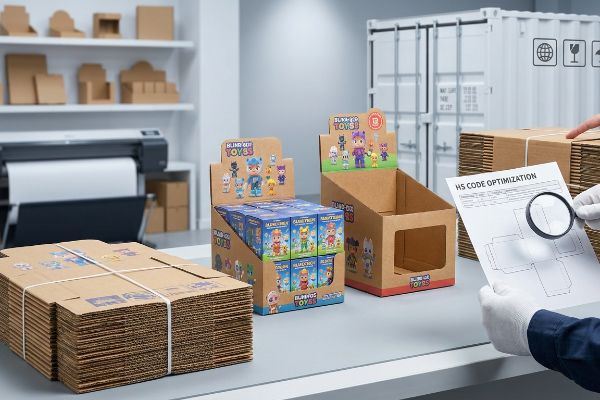 Stacks of flat-packed cardboard blind box toy displays and a person optimizing HS codes for import duties with a magnifying glass.