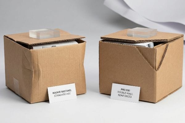 Corrugated cardboard boxes comparing 'Rookie Mistake: Standard Hsc' with a buckling top to a stable 'Pro Fix: Double-Wall Reinforced' design.
