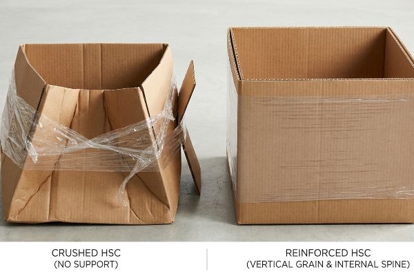 Crushed Half Slotted Container (HSC) with no support, contrasted with a Reinforced HSC featuring vertical grain and internal spine, both wrapped in clear stretch film.