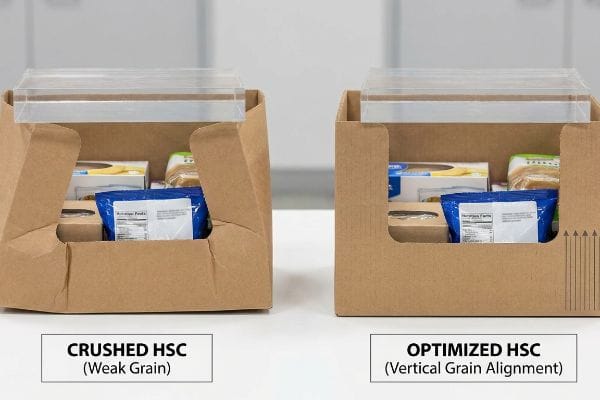 Two corrugated Half Slotted Containers, a Crushed Hsc (Weak Grain) next to an Optimized Hsc (Vertical Grain Alignment), showcasing structural integrity.