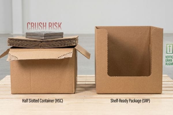 Brown corrugated cardboard boxes on a wooden pallet. A Half Slotted Container (HSC) displays "Crush Risk" above stacked flat cardboard and dark squares, contrasting with a Shelf-Ready Package (SRP) featuring "Vertical Grain Alignment".