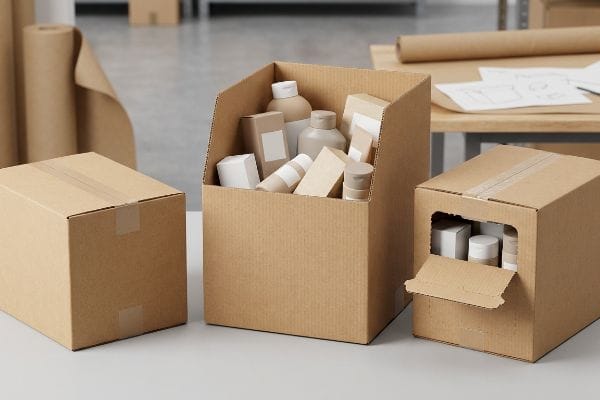 Corrugated cardboard display boxes, including an open-top half-slotted container with cosmetic products, a partially open tear-away shipper, and a closed shipping box.