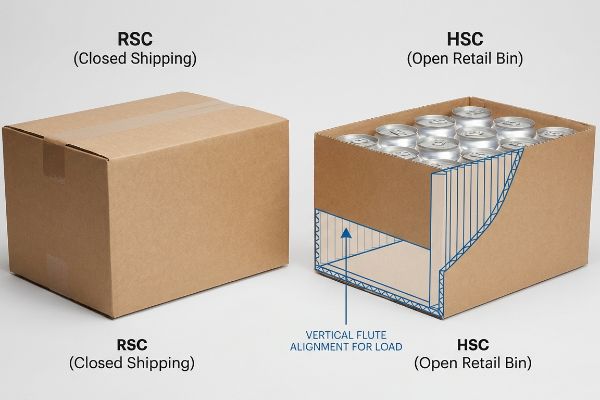 Corrugated RSC (Closed Shipping) box and HSC (Open Retail Bin) with cans, showing Vertical Flute Alignment.
