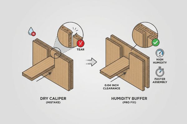 Corrugated cardboard diagrams illustrate the Dry Caliper mistake causing a Tear versus the Humidity Buffer Pro Fix with 0.04 Inch Clearance, ensuring Faster Assembly in High Humidity.