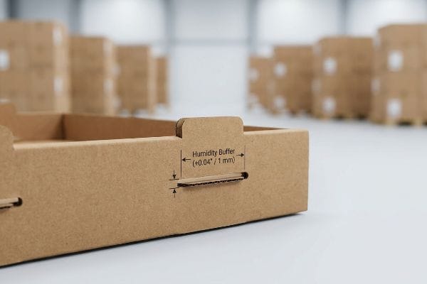 Brown corrugated cardboard box detail showing a slot and tab, labeled