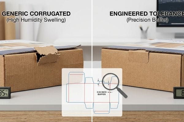 A split image shows Generic Corrugated (High Humidity Swelling) with a torn tab at 85% humidity versus Engineered Tolerance (Precision Buffer) with a perfect fit, detailed by a 0.04 Inch Buffer in the die-cut diagram.