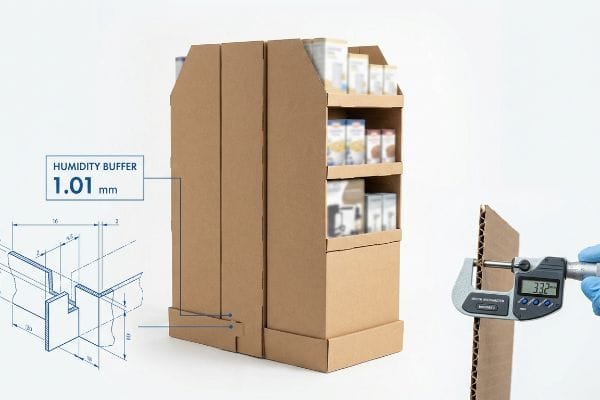 厚さ1.01mmの湿度緩衝材を備えた段ボール製ディスプレイ。マイクロメーターによる厚さ測定値は3.32mm。.