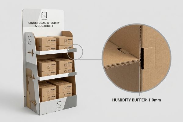 Corrugated cardboard retail display with 'N' logo, featuring 'Structural Integrity & Durability' header and a magnified view of a joint with 'Humidity Buffer: 1.0mm' text.