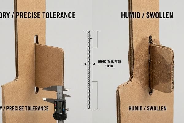 Corrugated cardboard display showing Dry / Precise Tolerance with a digital caliper measuring 3.96mm, contrasted with a Humid / Swollen section, and a diagram illustrating a 1mm Humidity Buffer for slot clearance.