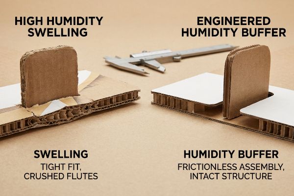 Corrugated cardboard comparison highlights High Humidity Swelling with crushed flutes versus an Engineered Humidity Buffer for frictionless assembly, with a caliper.