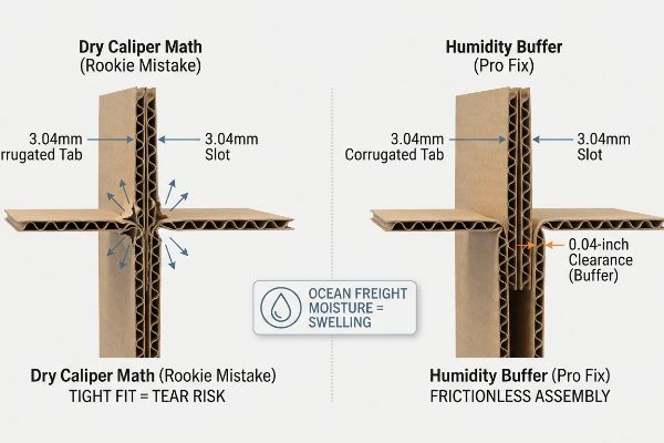 Corrugated cardboard cross-sections compare Dry Caliper Math (Rookie Mistake) with Humidity Buffer (Pro Fix). The tight 3.04mm fit risks tears from moisture swelling; the buffer adds 0.04-inch clearance for frictionless assembly.