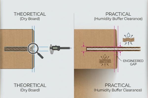 A graphic comparing theoretical dry corrugated board thickness measured by digital calipers to practical humidity buffer clearance, showing an engineered gap for moisture absorption.