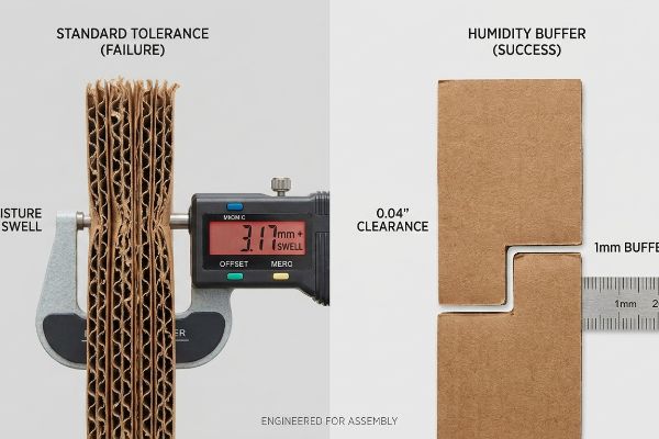 Corrugated cardboard shows 3.17mm moisture swell (failure) next to a 0.04 inch (1mm) humidity buffer clearance (success) engineered for assembly.