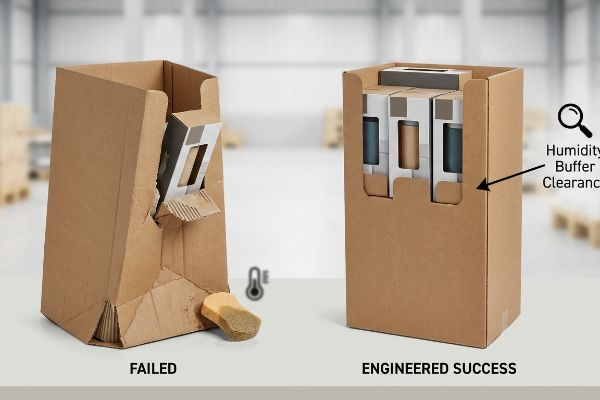 Damaged corrugated POP display labeled 'Failed' next to an 'Engineered Success' display featuring Humidity Buffer Clearance.